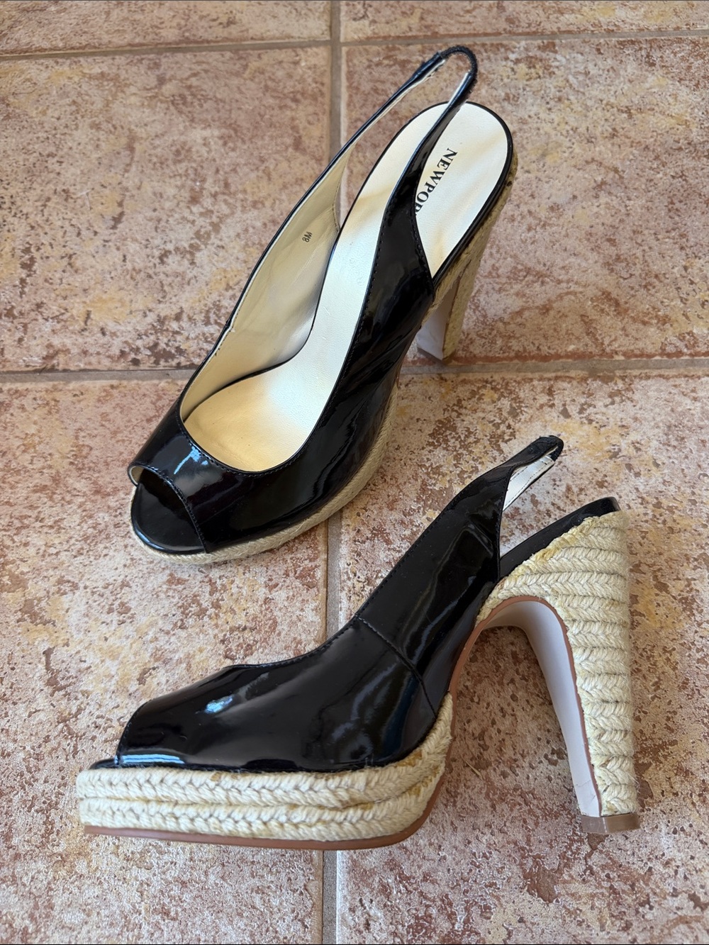 Newport News Black Patent Espadrille Slingback Wedges